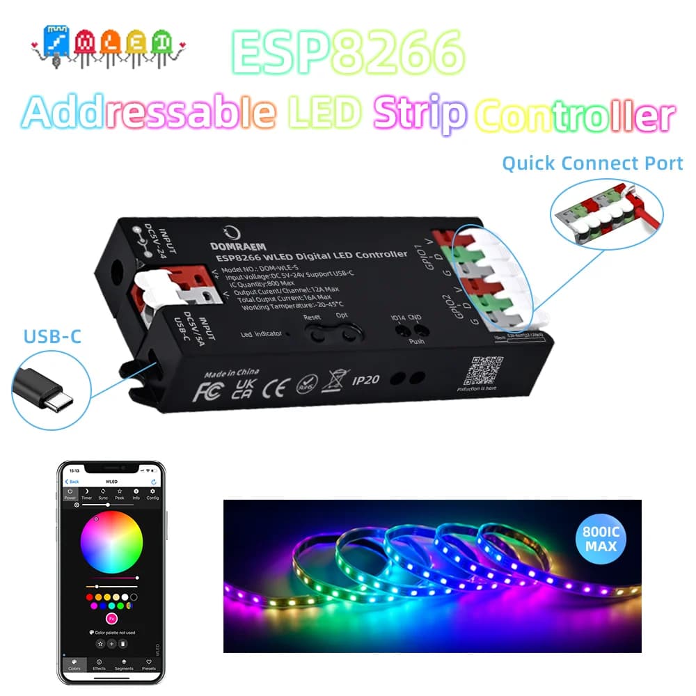 Domraem ESP8266 Controller LED WiFi digitale USB-C5V Striscia DC5-24V 100 + modalità App WLED WS2811 WS2812 SK6812 TM1814 Luce pixel fai da te