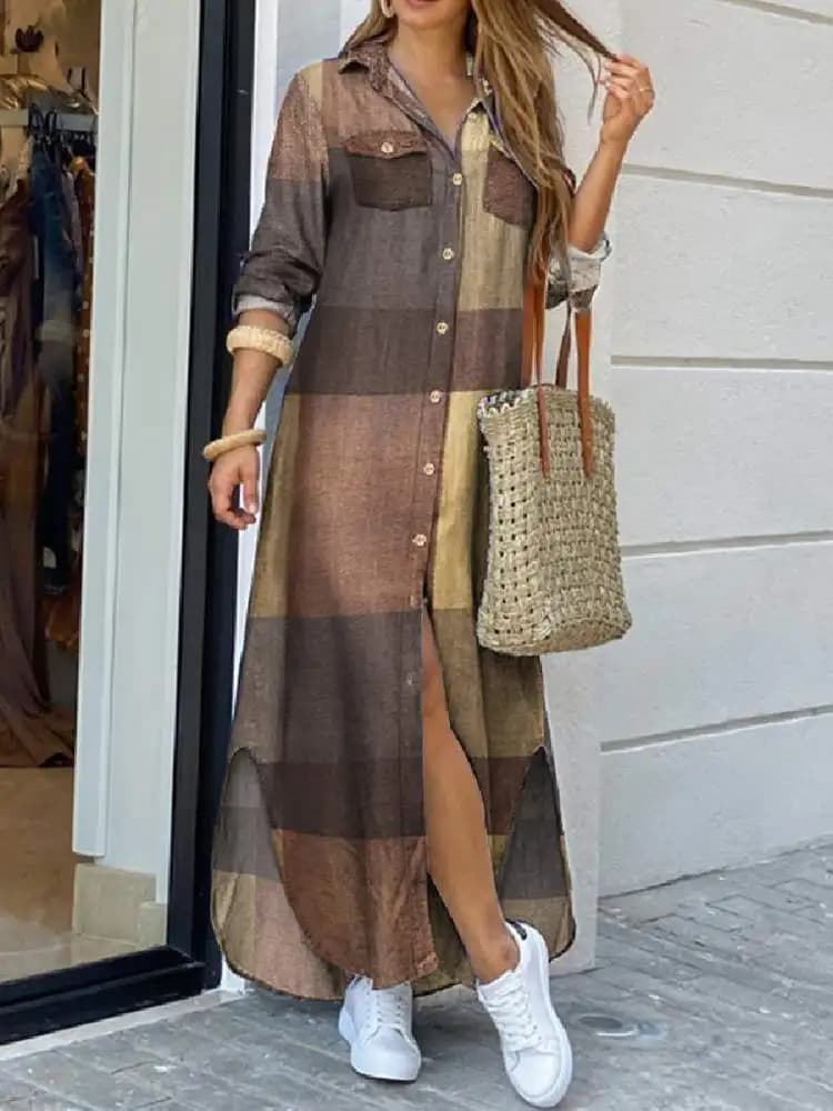 Autumn Elegant Woman Maxi Shirt Dresses 2023 ZANZEA Vintage Ladies Long Sleeved Casual Dresses Plaid Robe Longue