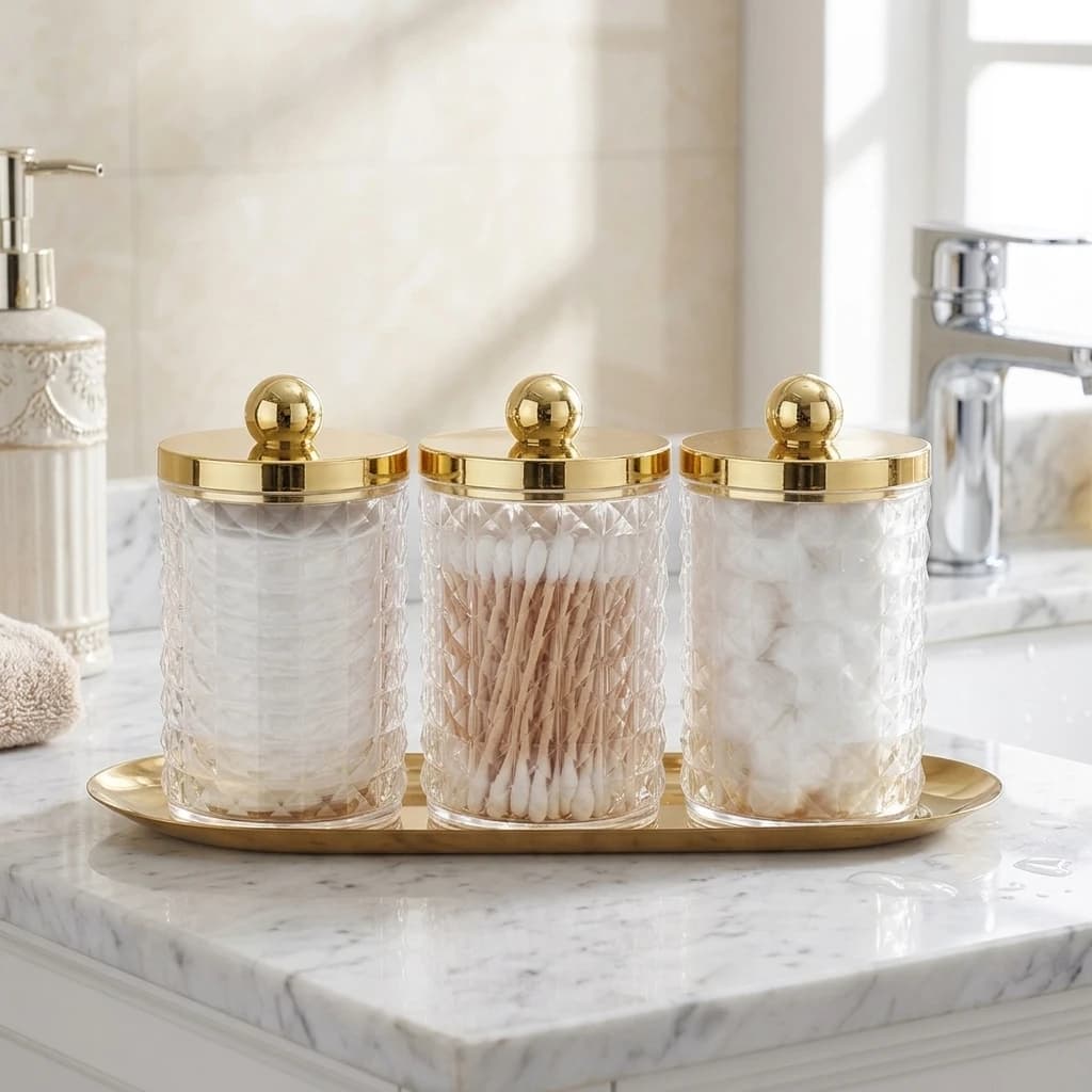 Set da Bagno 3 Pezzi con Porta Q-tip, Vasetti in Acrilico Stile Farmacia, Dispenser Q-tip con Coperchio, Vassoio per Cosmetici, per Cotone