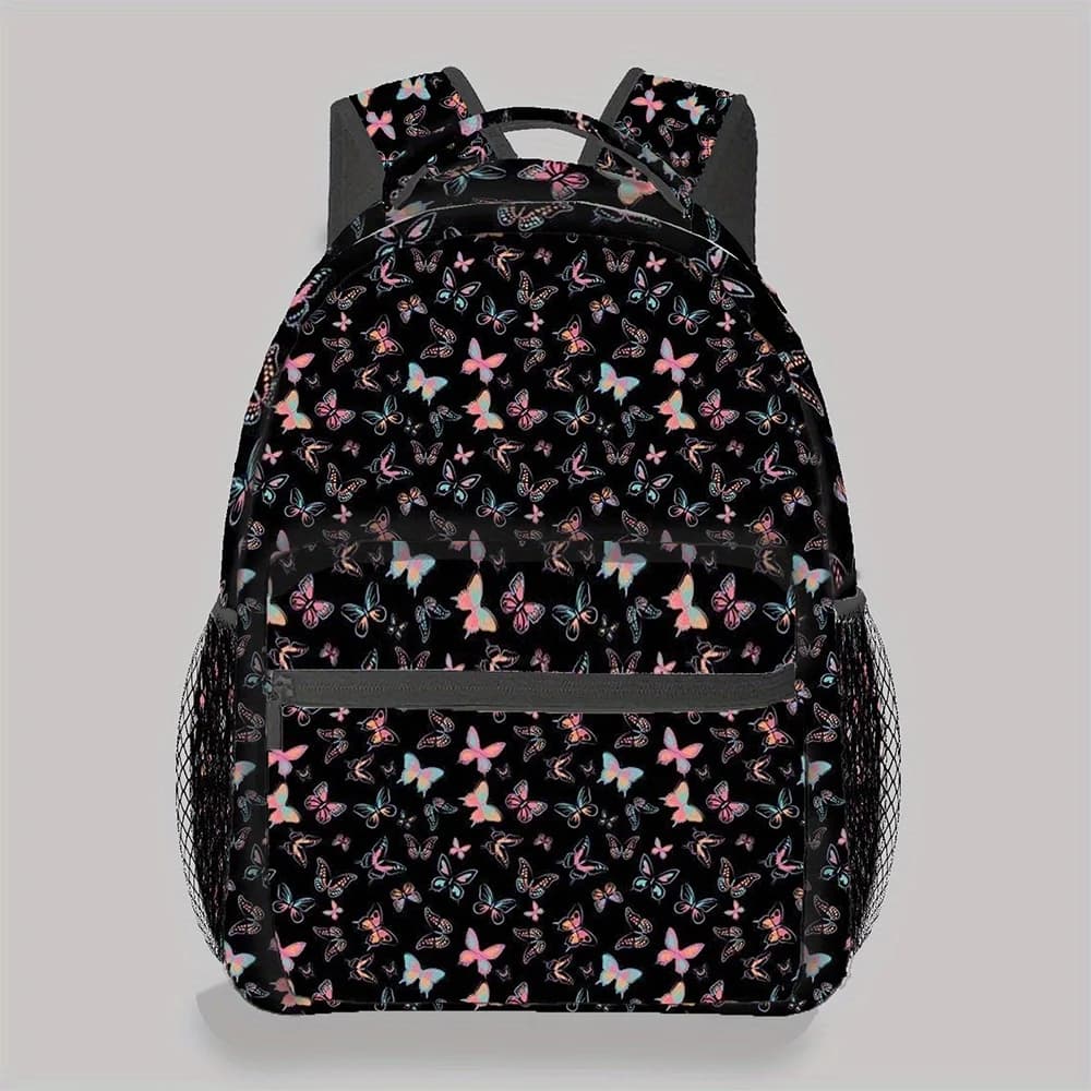 Shoulder Straps Vibrant Butterfly Floral Print on Black Perfect for Daily Outings Travel Travel Backpack Trendy Backpack