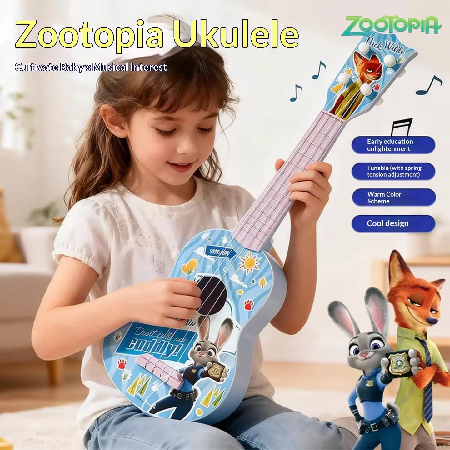 Ukulele per Bambini Zootopia, Strumento Musicale Giocattolo Suonabile, Regalo di Capodanno per Ragazzi e Ragazze