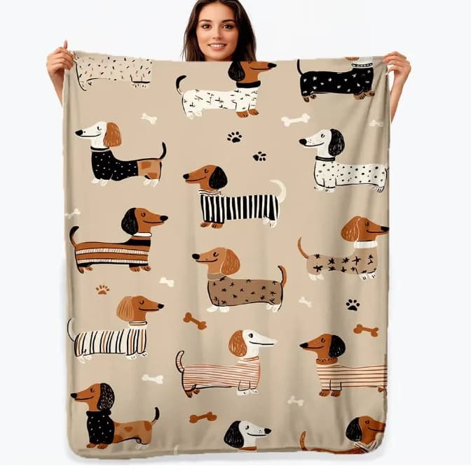 1 Dachshund Print Flannel Blanket - Brown, Black, and White Comfortable Dog Pattern for Home or Travel, Suitable for All Seasons