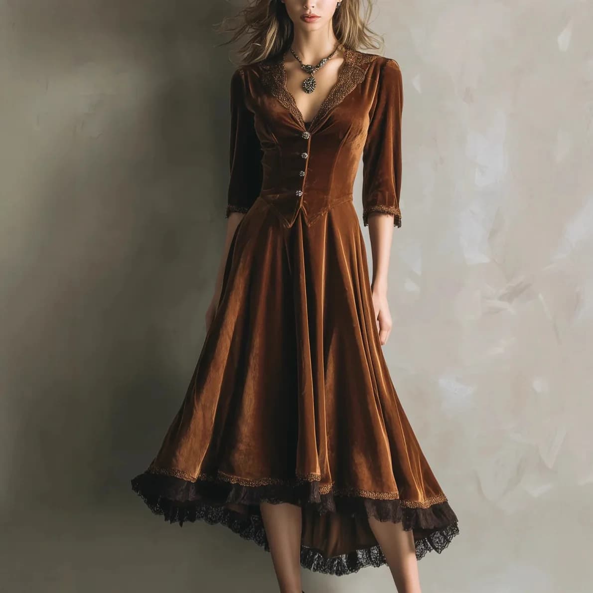 Abito da donna 2025 in velluto con scollo a V, maniche a sette quarti, stile western, con inserti in pizzo e orlo a pendolo, per autunno e inverno