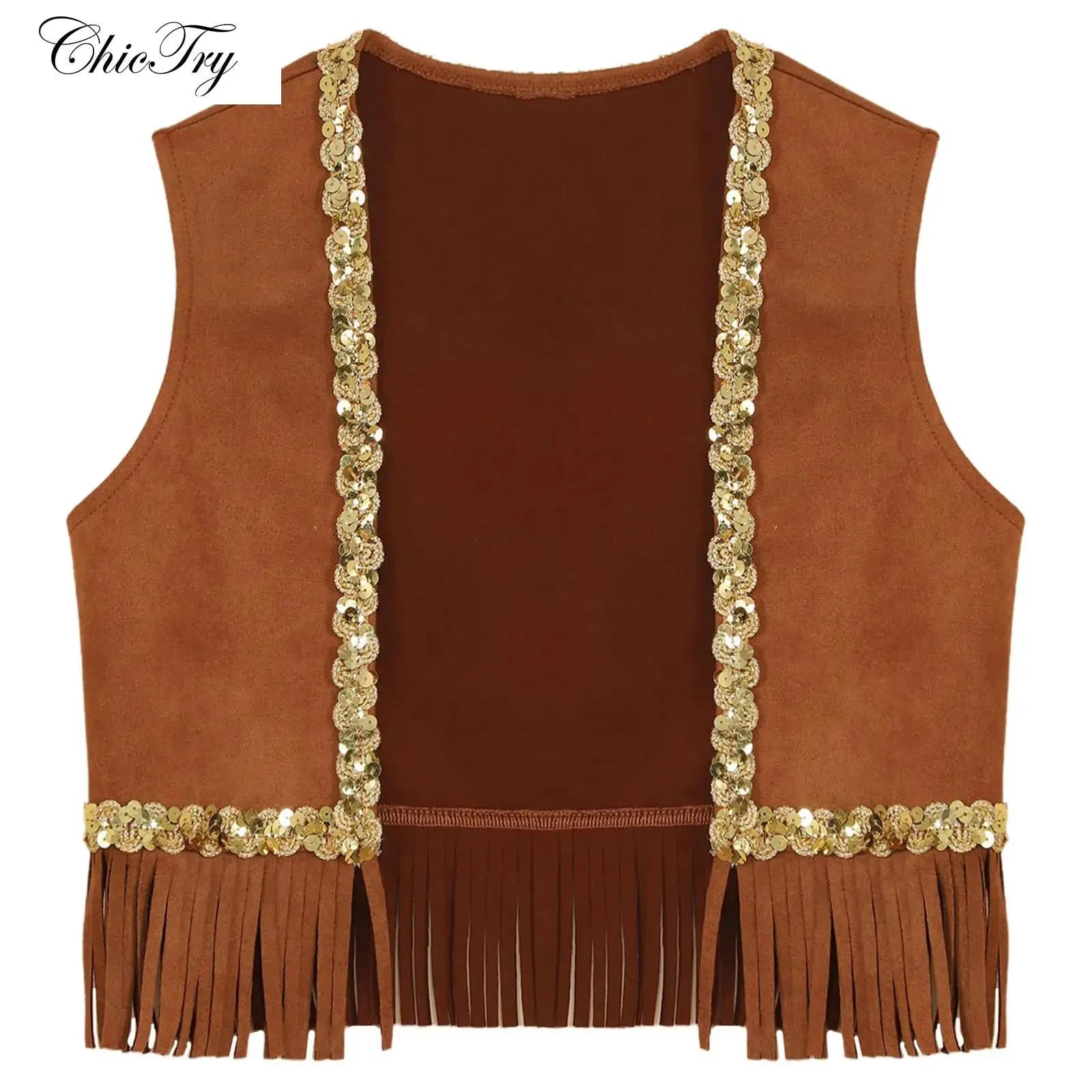 Costumi cosplay hippie da discoteca per ragazze anni '70 per bambini Gilet di Halloween senza maniche con paillettes e frange Gilet aperto sul davanti Vestito da festa