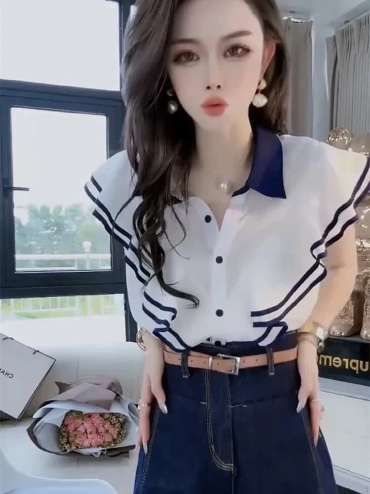 Elegant College Style Shirt Women's Summer New Color Block Wood Grain Anti-Aging Shirt Collar Short Sleeve Loose Fit