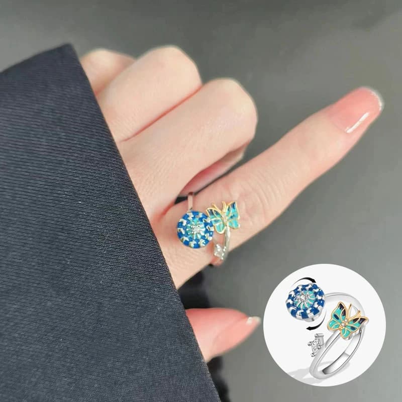 Anello a farfalla animale antistress Ansia Fidget Spinner per donne che ruotano liberamente anelli di cristallo blu per ragazza regali