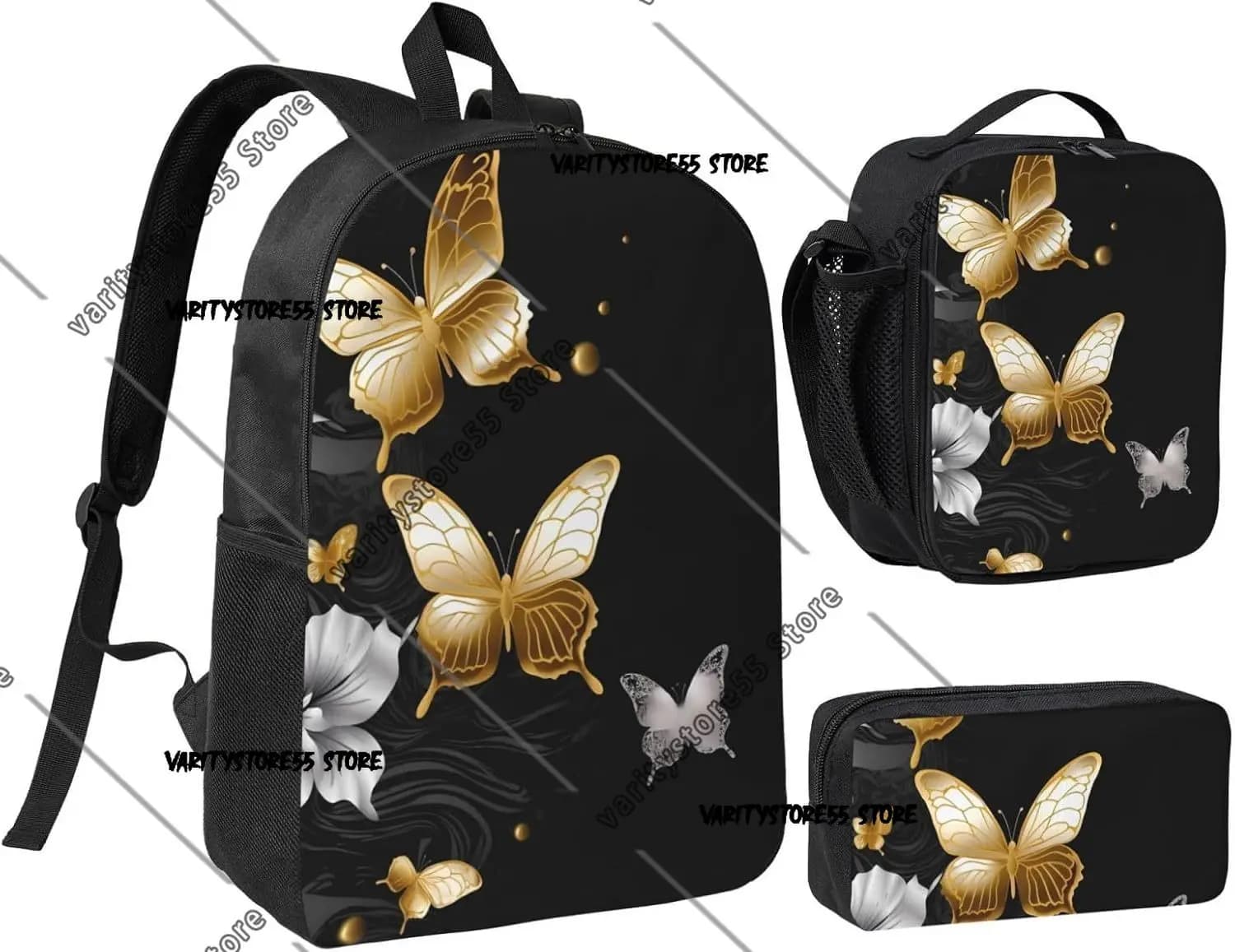 3PCS Gold White Butterflies Black Backpack Set with Insulated Lunch Box Pencil Pouch Bags Shoulder Lunch Bag and Pencil Case Bag