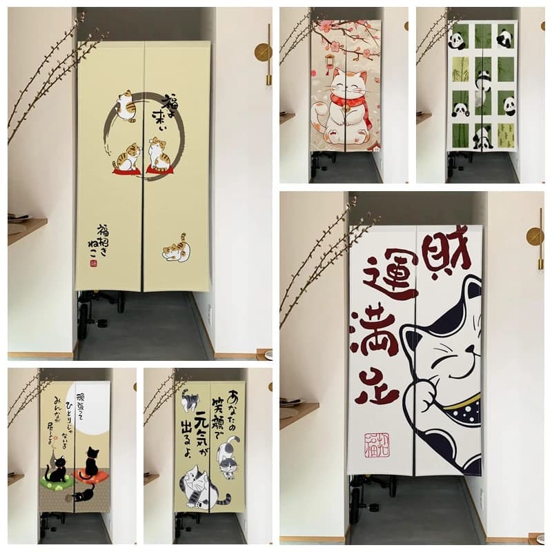 Tende Noren Giapponesi con Gatti Carini, Motivo Portafortuna Stampato, in Lino, per Porta, Decorazione Casa, Cucina, Camera da Letto, Mezza Tenda Divisibile