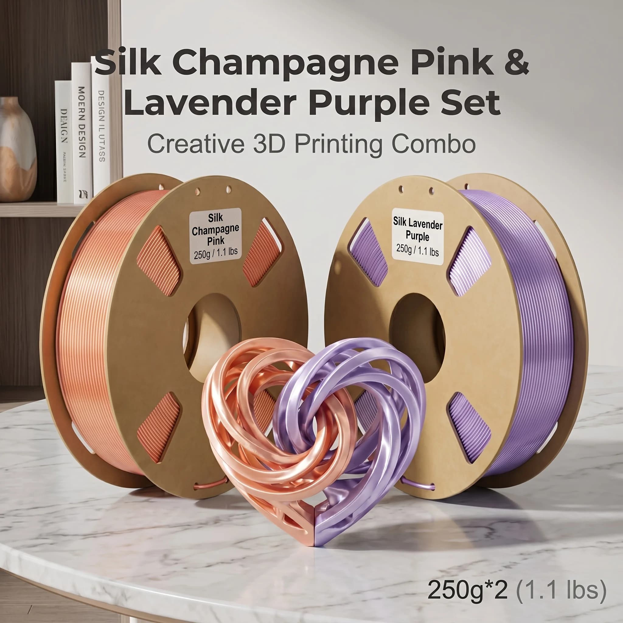 Silky Metallic PLA Filament 1.75mm Champagne Pink Lavender Purple Tight Tolerance 200g/250g/500g/1000g Spools