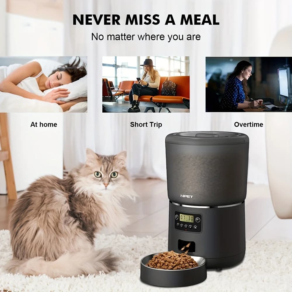 Distributore Automatico di Cibo per Animali NPET 1.06 Galloni, Dispenser per Gatti con Controllo Preciso in Acciaio Inox, 1-9 Porzioni, Adattatore Non Incluso