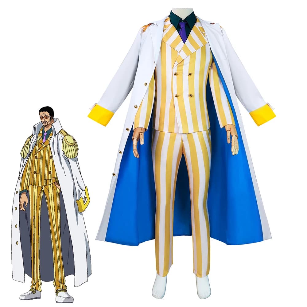 Anime One Piece Borsalino Navy Uniforme Costume Cosplay Giacca a vento lunga Camicia Pantaloni Uomo Costume generale Festa Costume di Halloween