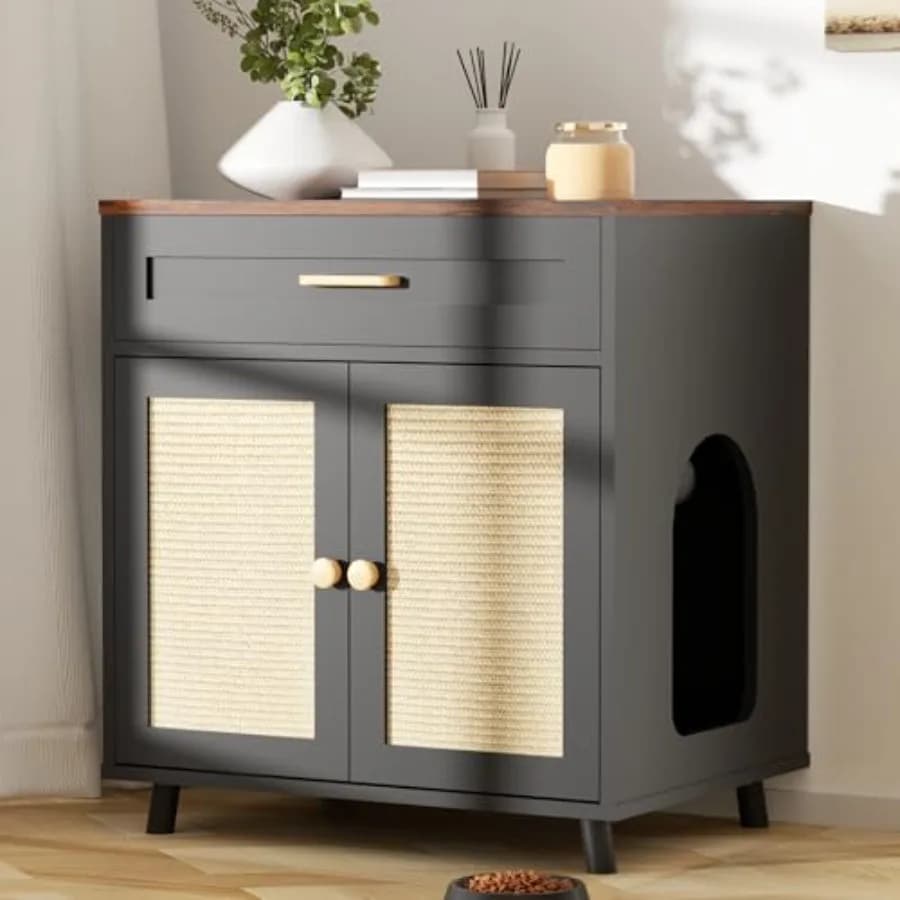 Cat Litter Box Enclosure Litter Box Furniture Hidden with Scratching Board Doors and Drawer Wooden Washroom Cat House Table Nig