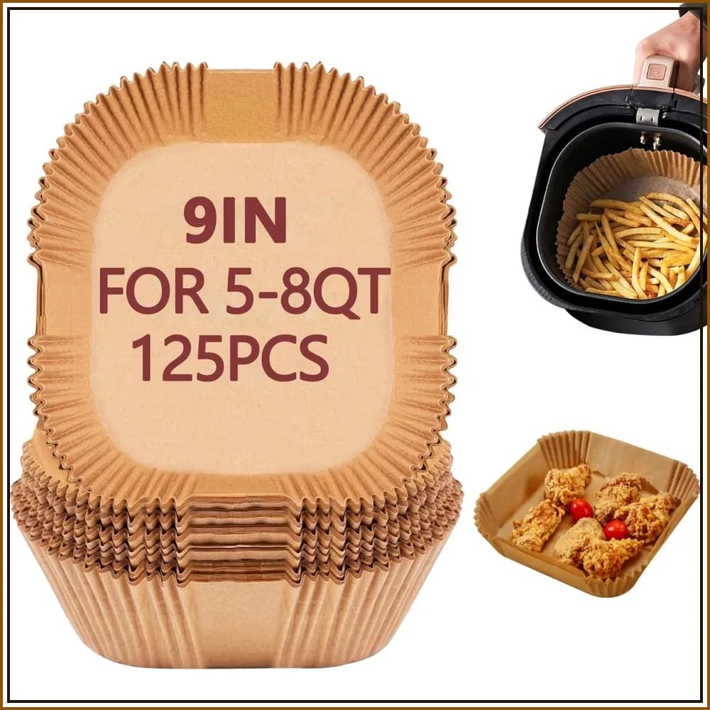 Confezione da 125 Fogli di Carta da Forno per Friggitrice ad Aria, 9 Pollici, Non Sbiancata, Antiaderente, Resistente al Calore, Adatta per 5-8 QT, Cottura Senza Olio