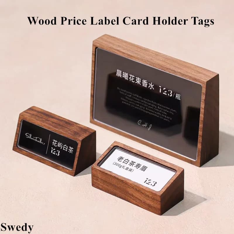 Set di 6 Porta-Cartellini in Legno e Acrilico 68x18mm, Supporto per Menu, Porta-Prezzi, Etichette in Carta
