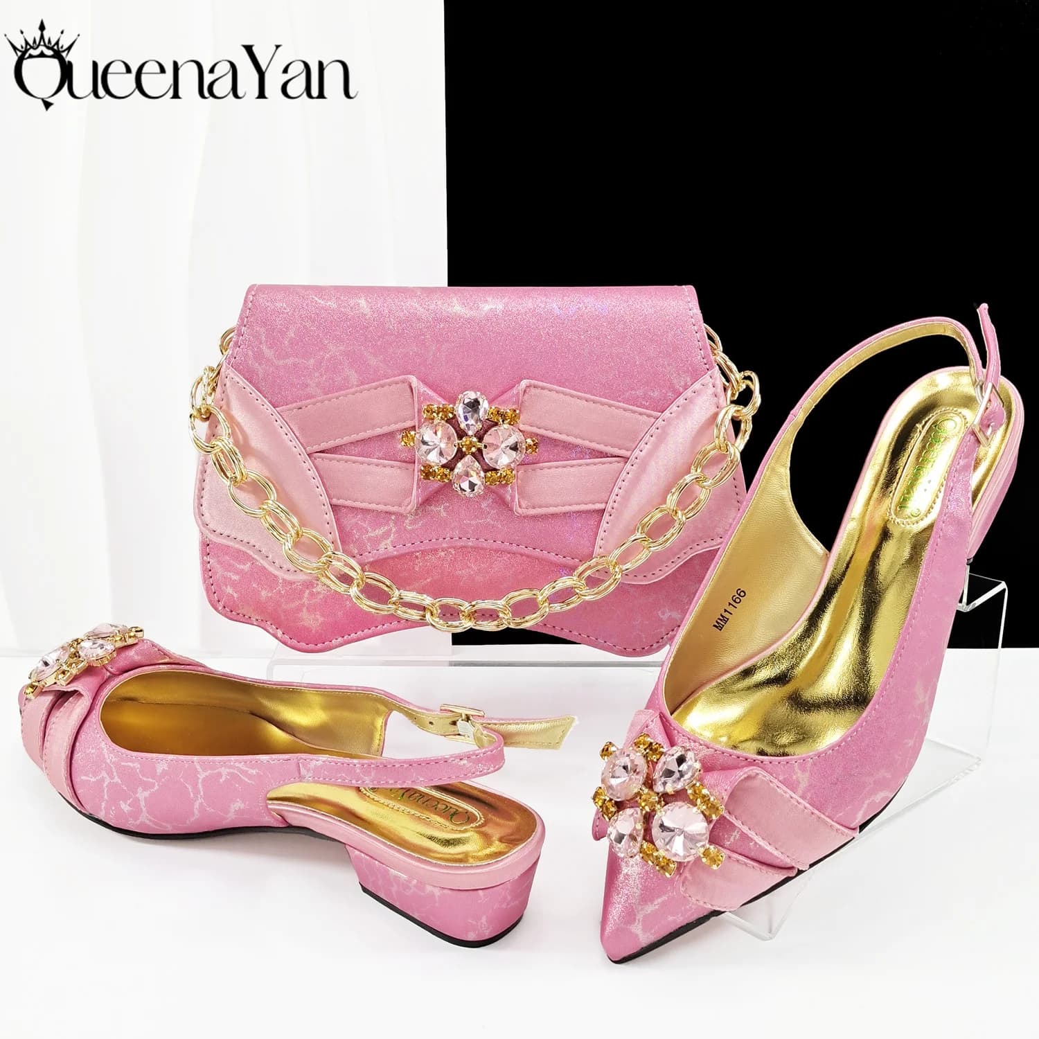 Queena Yan Scarpe rosa lucido e borsa colorata Borse eleganti e scarpe con tacco a L Bellissimi fiori fatti a mano per la festa di nozze