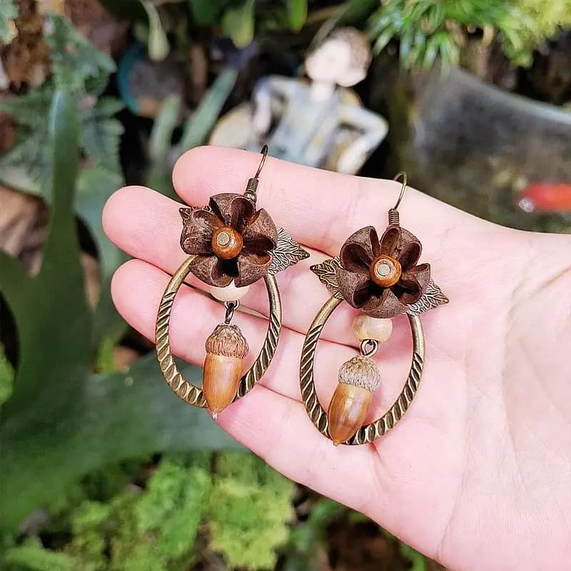 Orecchini a Goccia Naturali a Forma di Ghianda, Serie Creativa Vegetale, Orecchini Vintage in Legno, Gioielli Unici a Tema Frutta, Confezione Personalizzata