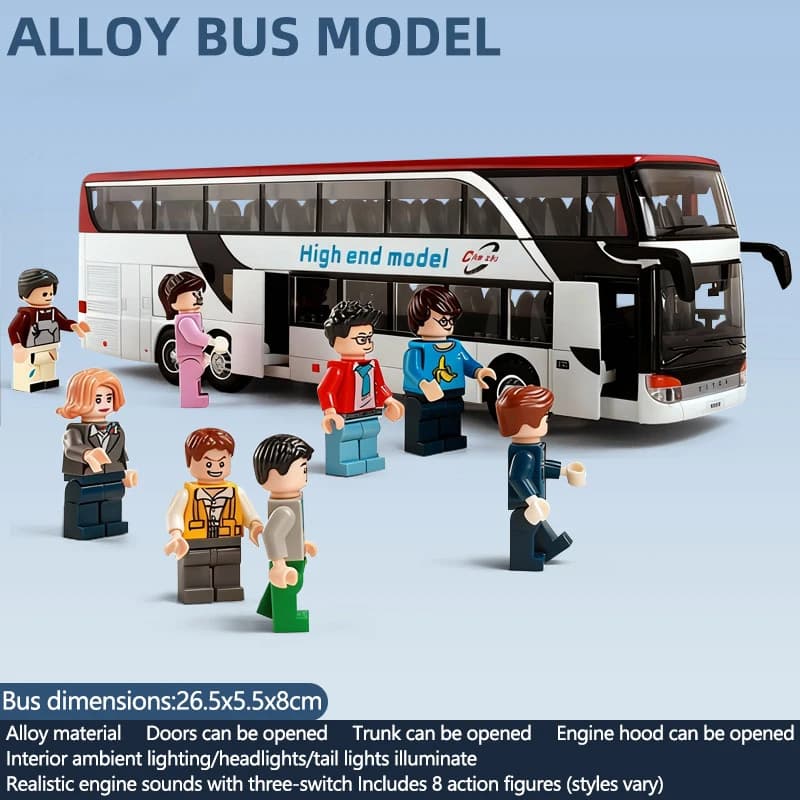 Modellino di Autobus in Lega con Luci e Suoni, Porte/Sportello Bagagliaio/Cofano Motore Apribili, Suoni Realistici del Motore con 3 Interruttori, 8 Action Figure
