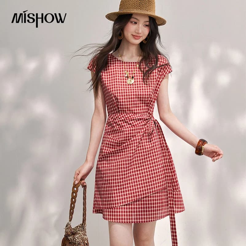 MISHOW Women's Gingham Plaid Dress 2026 Summer French Cap Sleeve Round Neck Tie Waist Slim Fit Vintage Midi Dress MXF28L2778