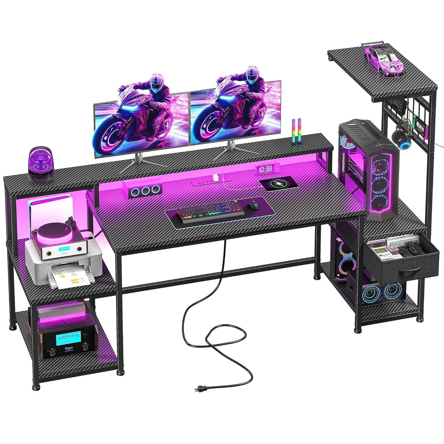 Desk by Gaming 63 Inches with LED Lights and Electric Grips, Computer Table with Drawers and Monitor Support, Customizable