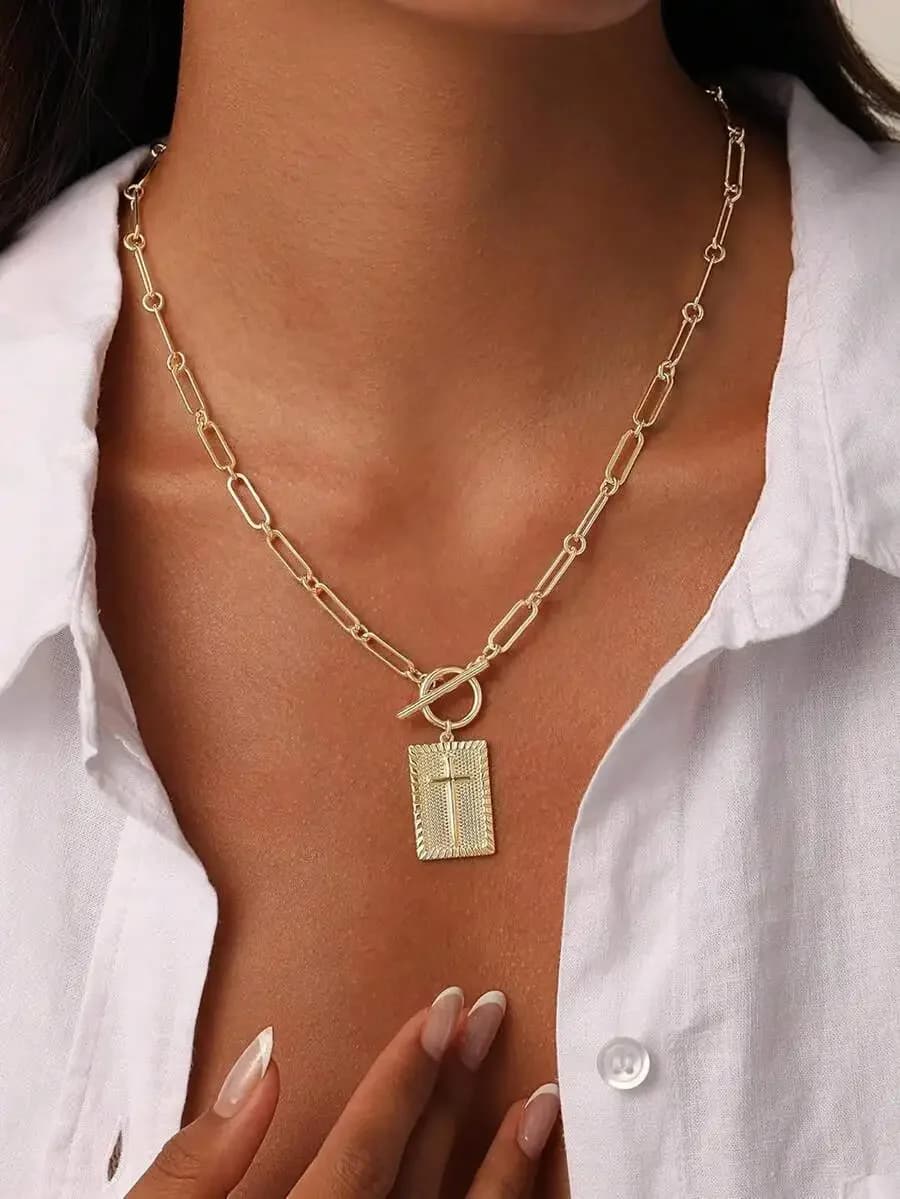 Collana con Croce Spessa, Chiusura a T, Catena a Graffetta, Collana Delicata da Donna, Gioielli Semplici Religiosi alla Moda, Regalo