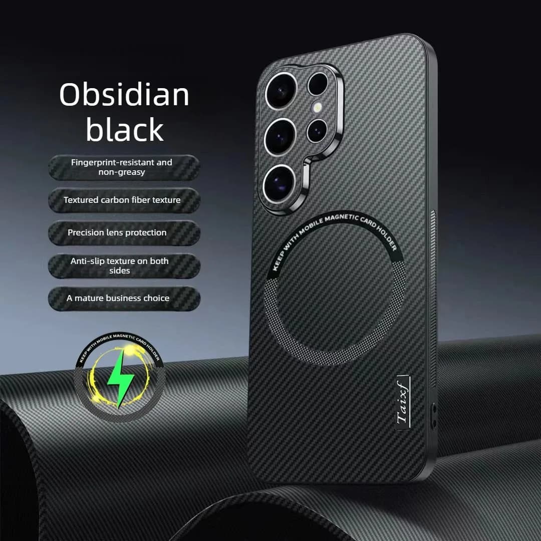 Custodia per Telefono con Ricarica Wireless Magnetica Magsafe per Samsung Galaxy S25 Ultra, S25 Plus, S25, S24 FE, in Fibra di Carbonio Kevlar Antiurto