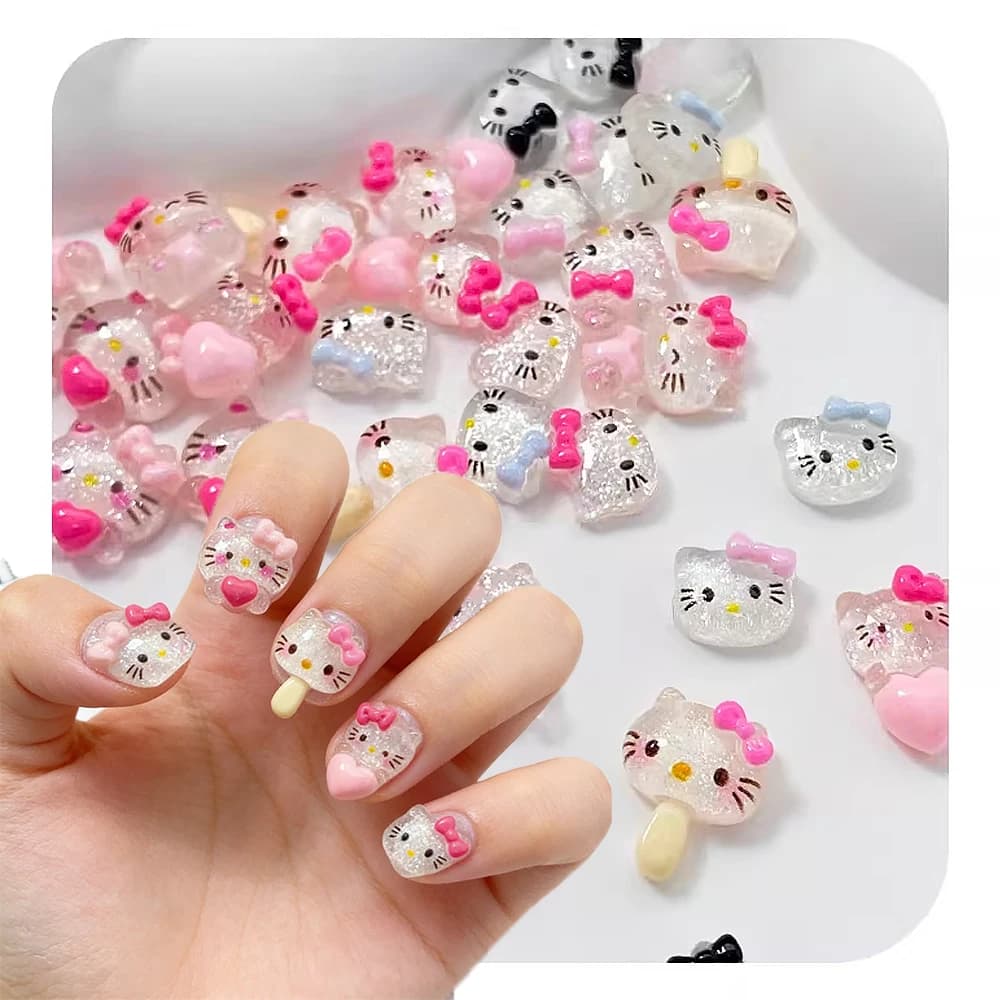 10 Pezzi di Decorazioni per Unghie Kawaii Hello Kitty con Glitter Rosa, Cuori 3D Scintillanti KT con Fiocco/Gelato KT, Accessori Carini Fai-da-Te per Unghie