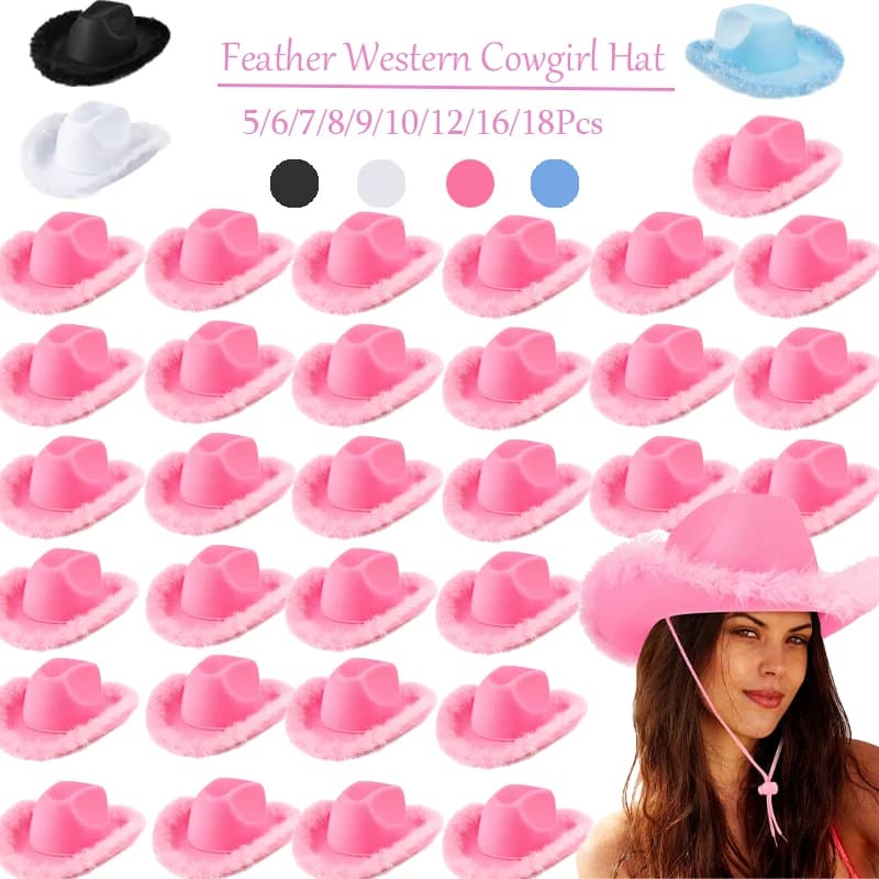 5-18 pezzi di piume cappelli da cowgirl occidentale matrimonio addio al nubilato addio al nubilato cappello da cowboy a tesa larga per donne uomini cappelli da festa