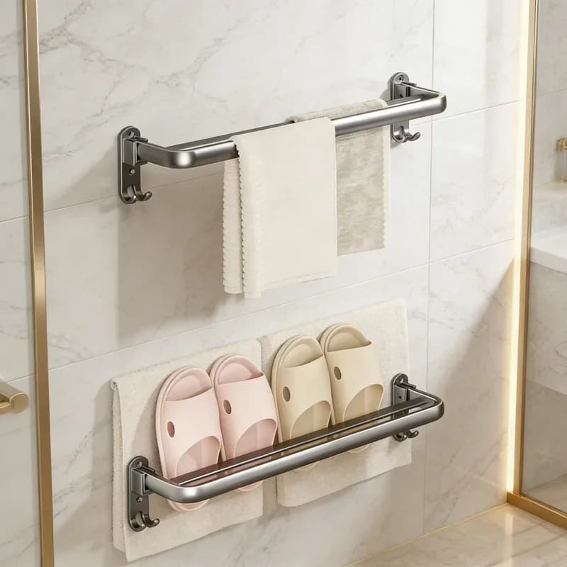 Portasciugamani pieghevole in alluminio spaziale, a doppio palo, da parete, senza foratura, per bagno e toilette