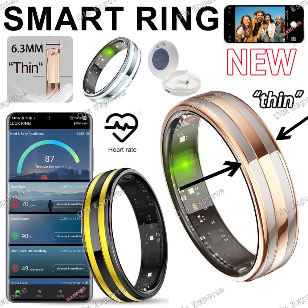 New 6.3 mm Subtle Intelligent Ring, Health Monitoring, Waterproof for Exterior, Cardiac Frequency Monitoring and Body Temperature, Sports Rings