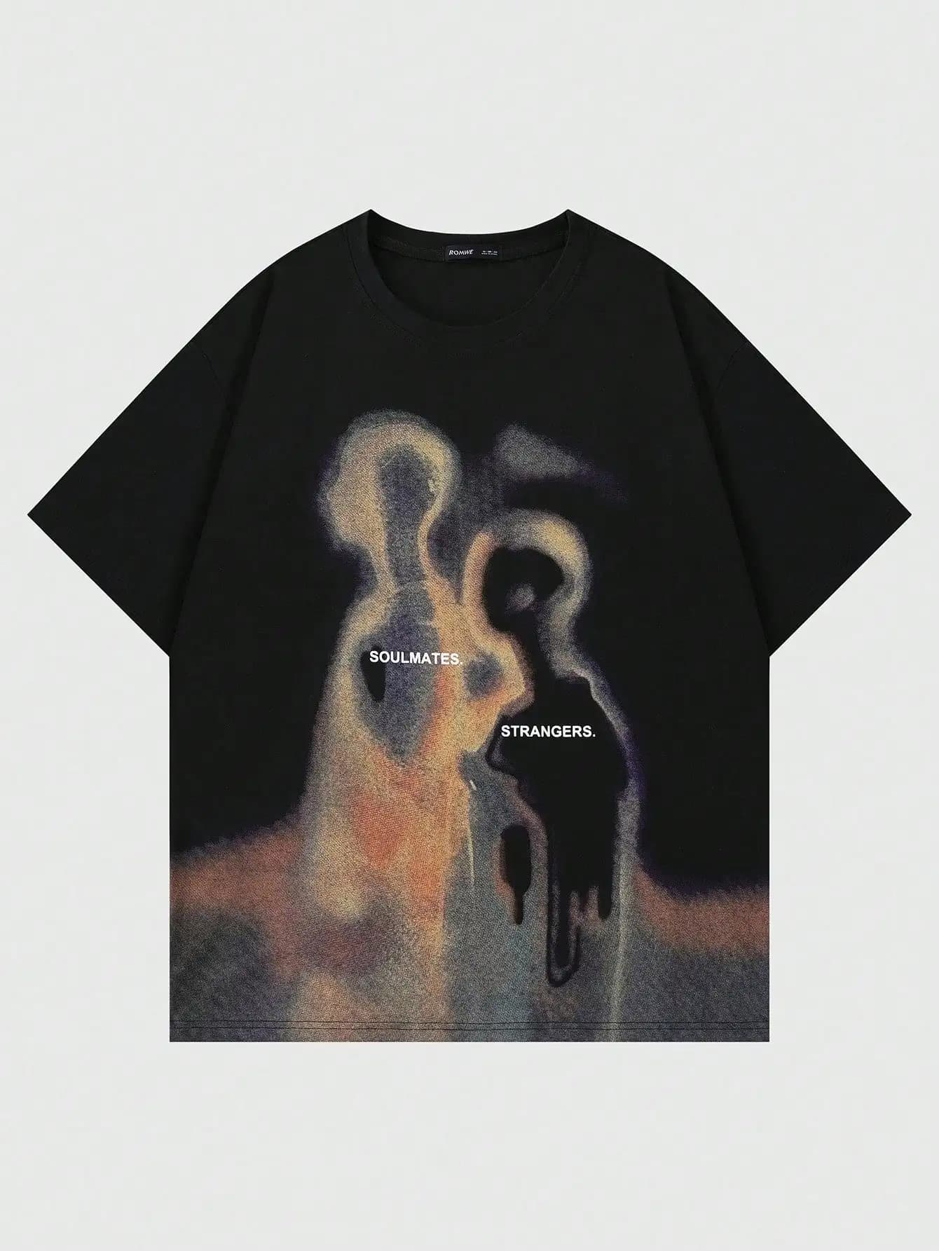 T-shirt nera oversize con stampa a mappa termica con silhouette astratta