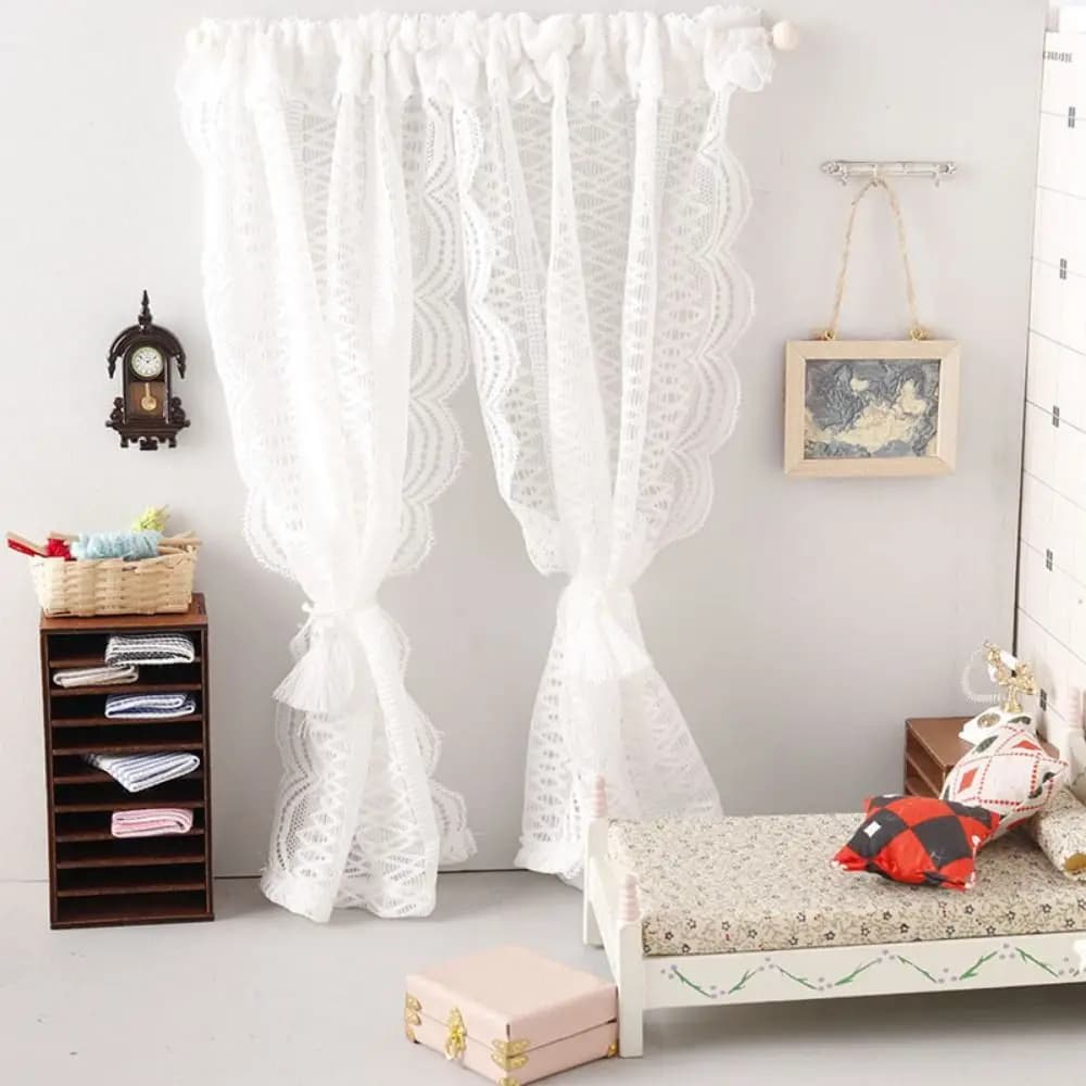 1/12 Dollhouse Sweet Floral Curtains Model Lace Mesh White Furniture Decoration 3 Styles Dolls House Living Scene Decor