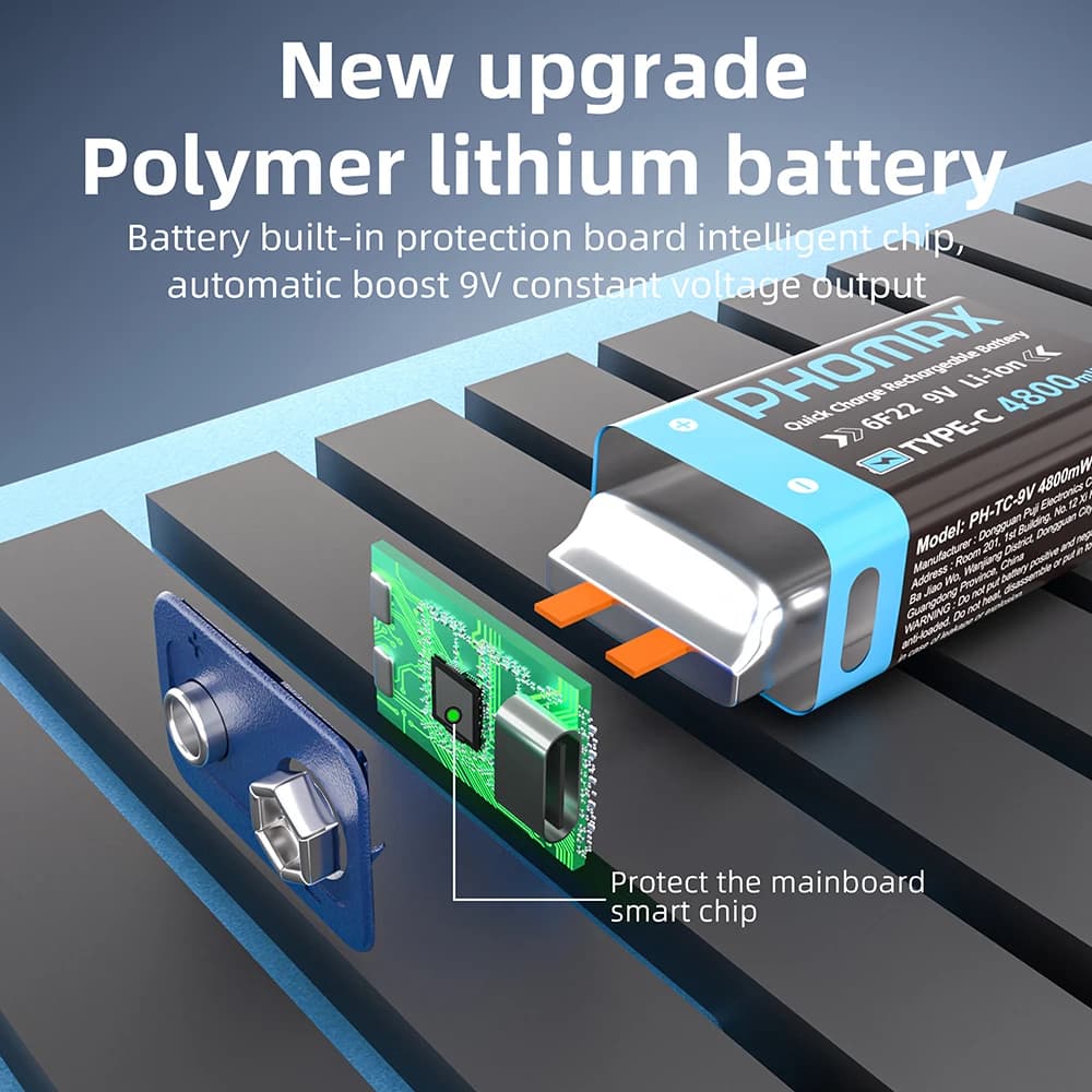 Batteria ricaricabile PHOMAX 9V agli ioni di litio 4800mWh 6F22 con cavo Type-C per rilevatore di fumo, multimetro, dispositivi medici