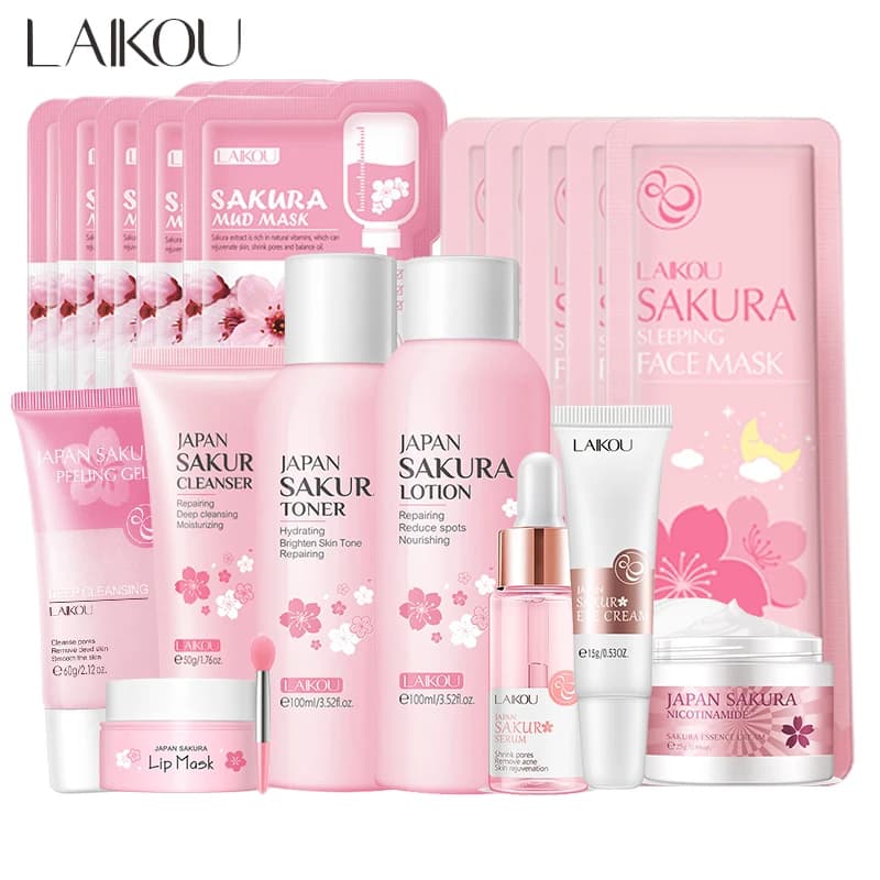 Sakura Detergent for Face Korean Serum for Face Exfoliating Peeling Gel Hydrating Toner Eye Cream Cosmetic Solar Cream Skin Care Set