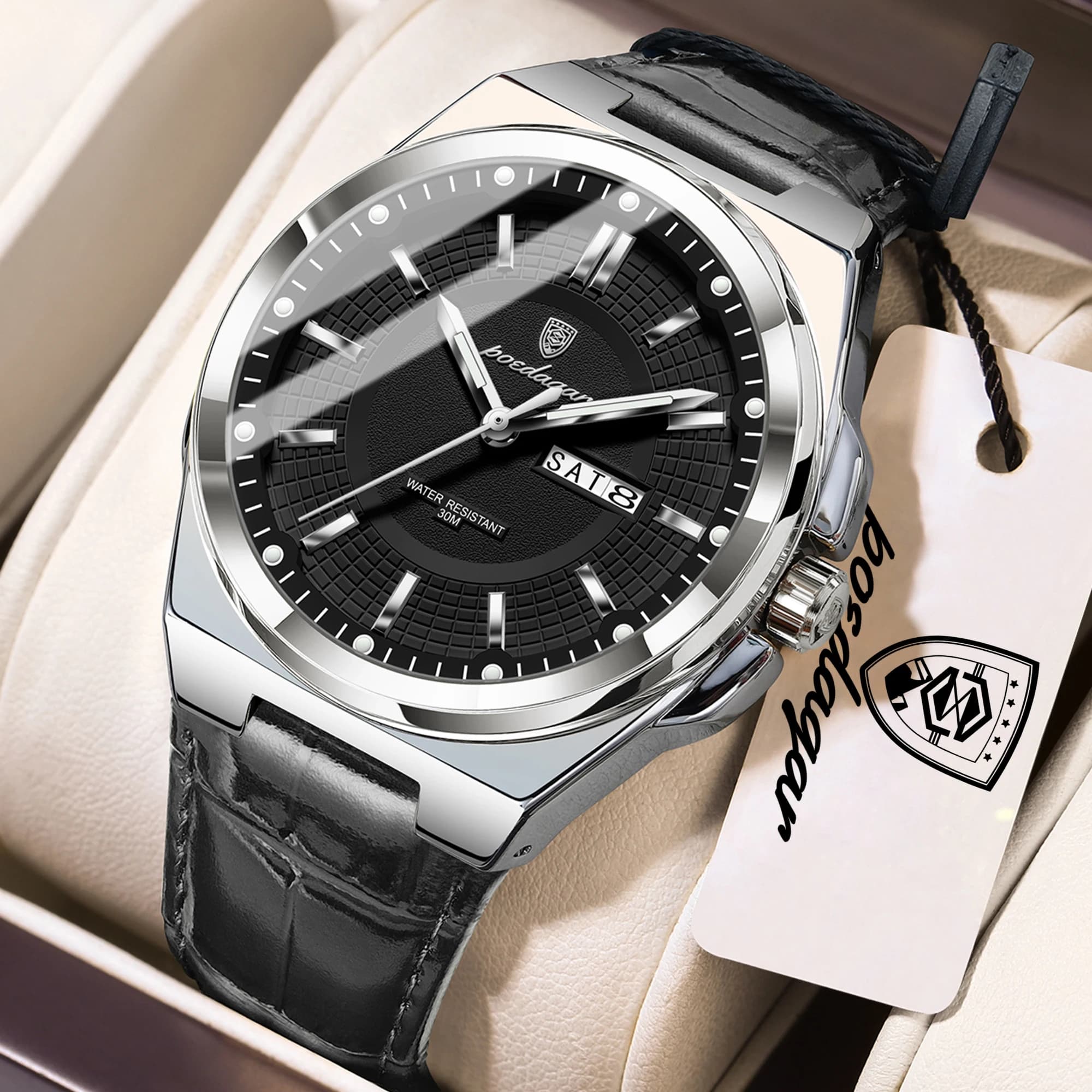 POEDAGAR Men's Sporty Wrist Watch Fashionable, Waterproof, Bright, With Date and Day, Elegant Quartz Watch with Leather Strap