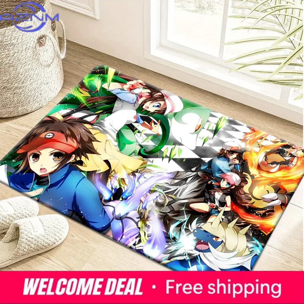 Anime Pokemon Trainers And Starters Battle Scene Print Soft Non Slip Absorbent Indoor Bathroom Bedroom Entrance Doormat Floor Ru