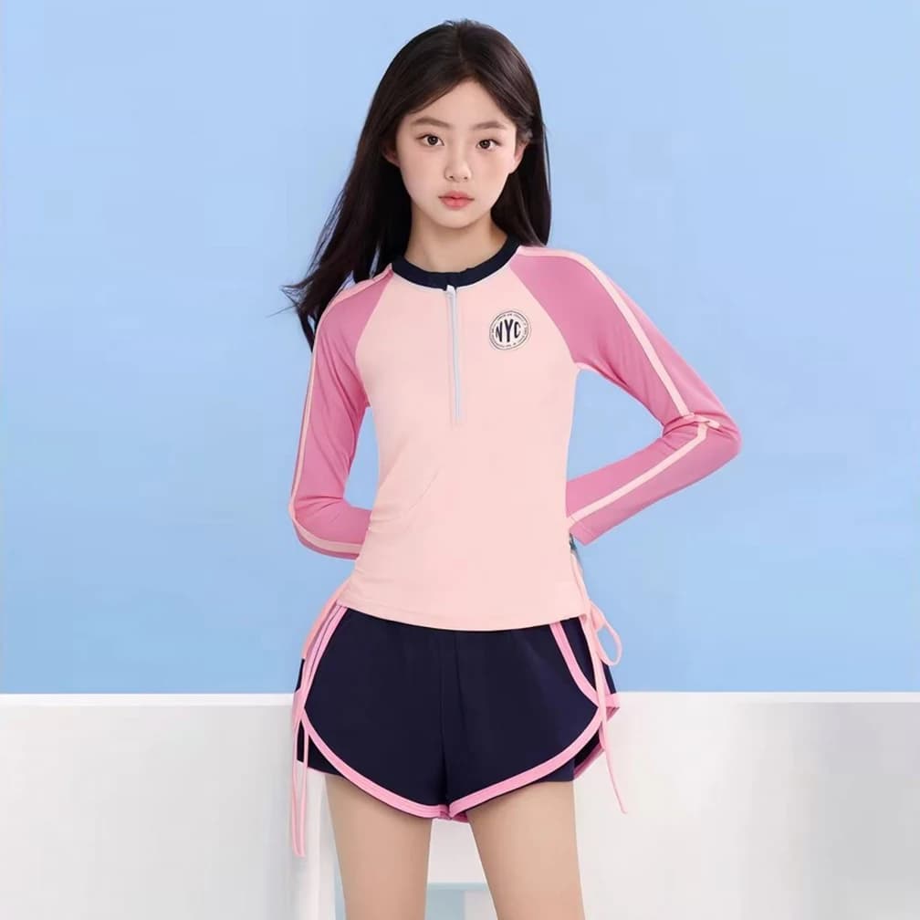 Pantaloncini a doppio strato Costumi da bagno per ragazze Abiti a due pezzi Abiti da spiaggia estivi Costume da bagno a maniche lunghe per bambini Abiti da piscina