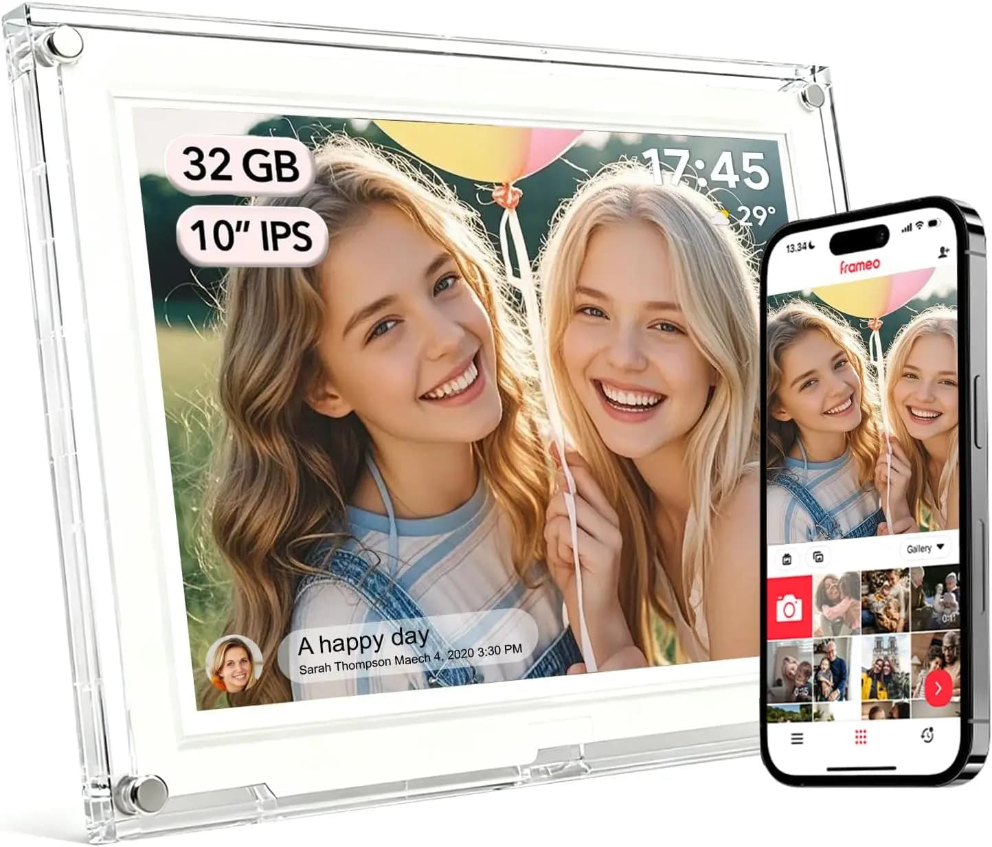 Cornice per foto digitali WiFi Frameo da 10,1', touch screen IPS HD 1280x800, memoria da 32 GB, condividi foto/videos tramite app