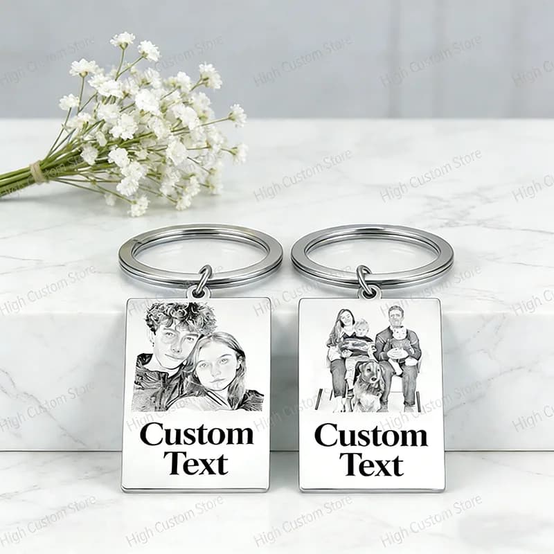 Custom Keyring with Laser Engraving of Photos and Text, Custom Stainless Steel Gift with Logo, Family Gift Jewelry, Anniversary Gift.