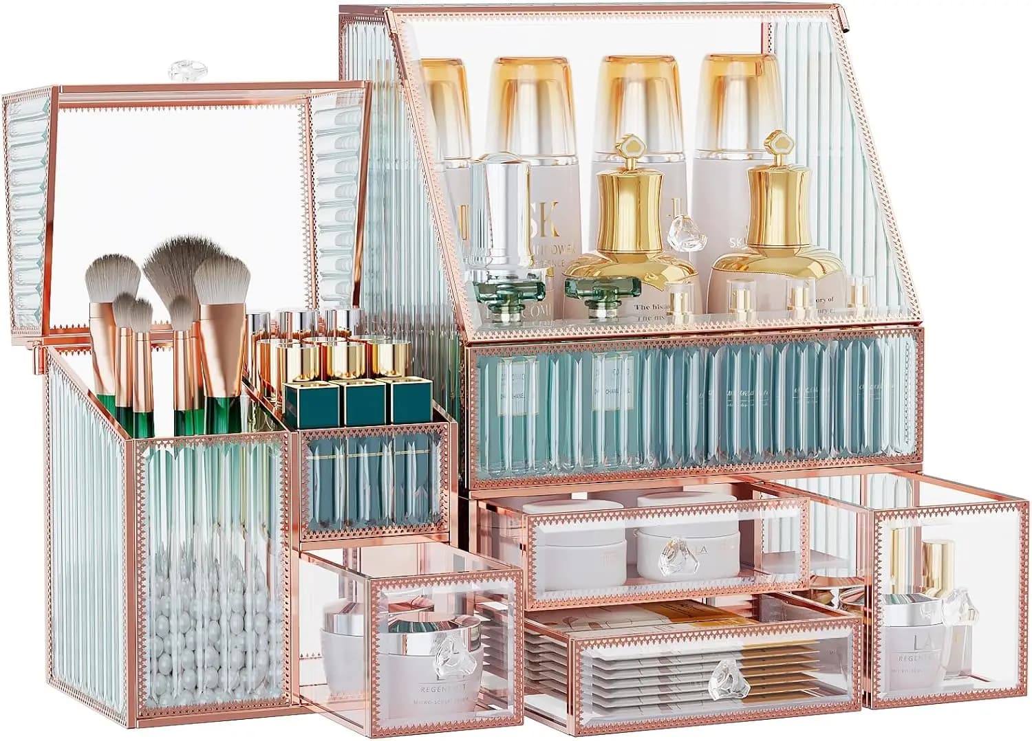 Organizer per Trucchi in Vetro - Contenitore Cosmetico 3-in-1 per Skincare, Rossetti, Pennelli - Organizer per Toeletta e Bagno