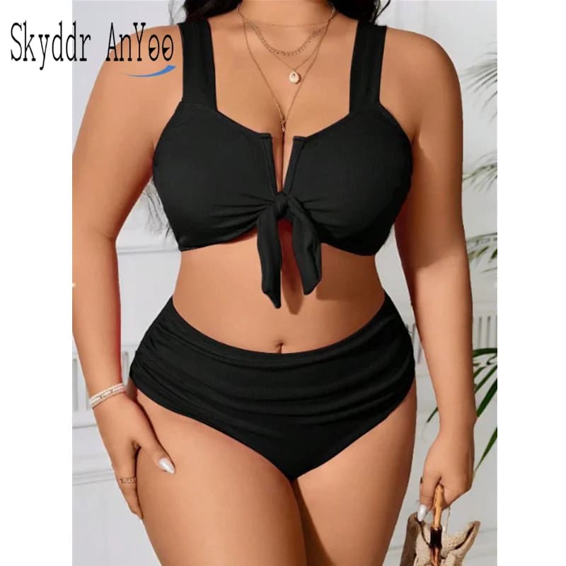 Women's swimsuit 2025, ribbed bikini strong size, set two pieces high black waist, with belly control, bathroom clothing