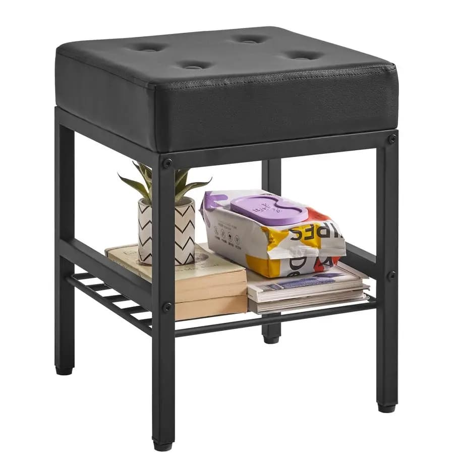 Sgabello quadrato per trucco con piedini regolabili e spazio contenitore, sedia poggiapiedi, sedile in PU per toeletta, multiuso come tavolino o pouf