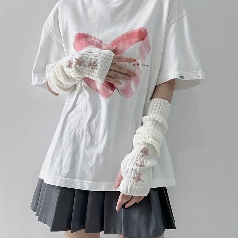 Winter Gloves ,1 Pair of Ladies' Fingerless Gloves with Star Decoration White/black/pink Machine Washable Accessory Gloves