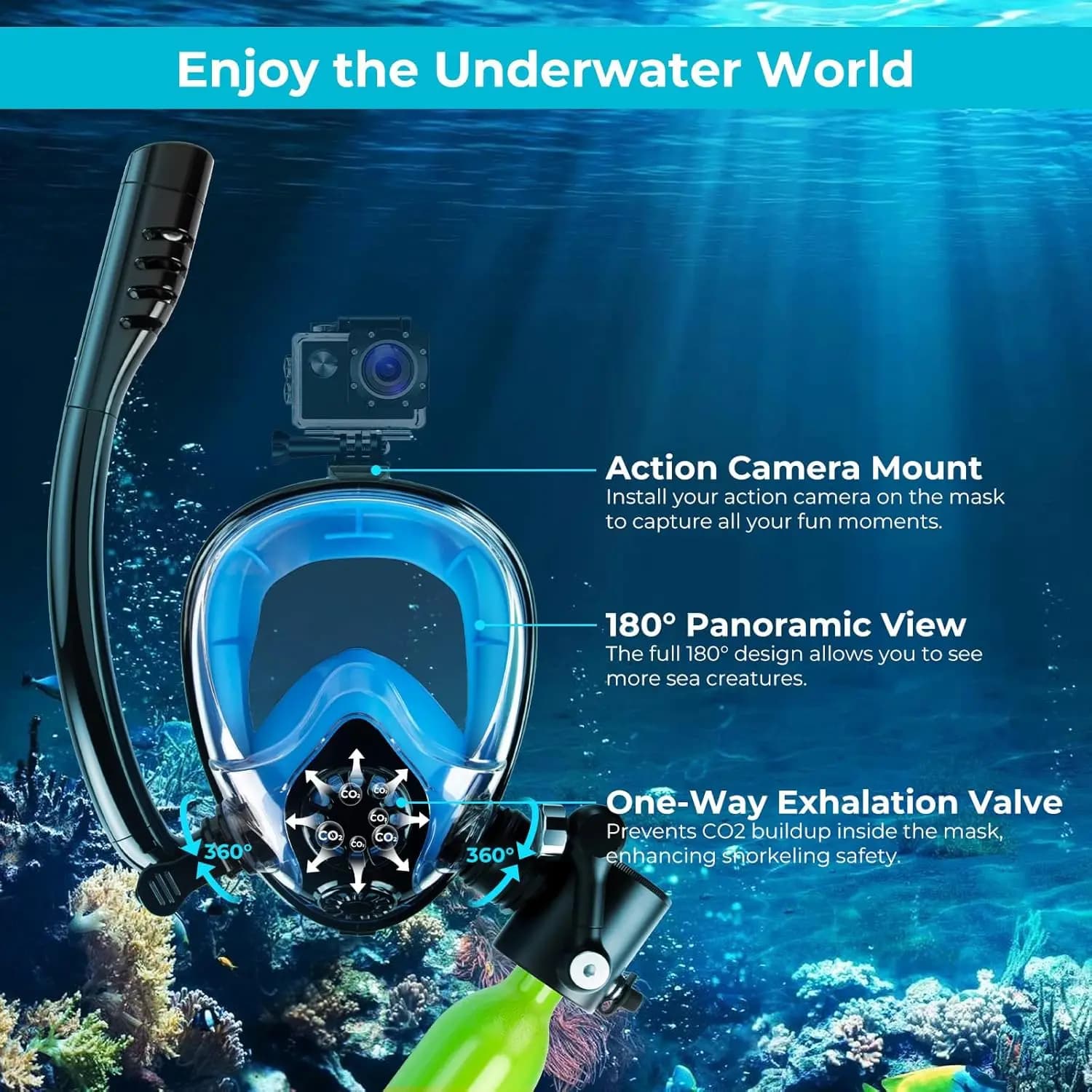 Serbatoio per immersione con maschera per snorkeling Mini bombola di ossigeno portatile da 0,5 litri Maschera per immersione integrale Sistema di respiro subacqueo con pompa