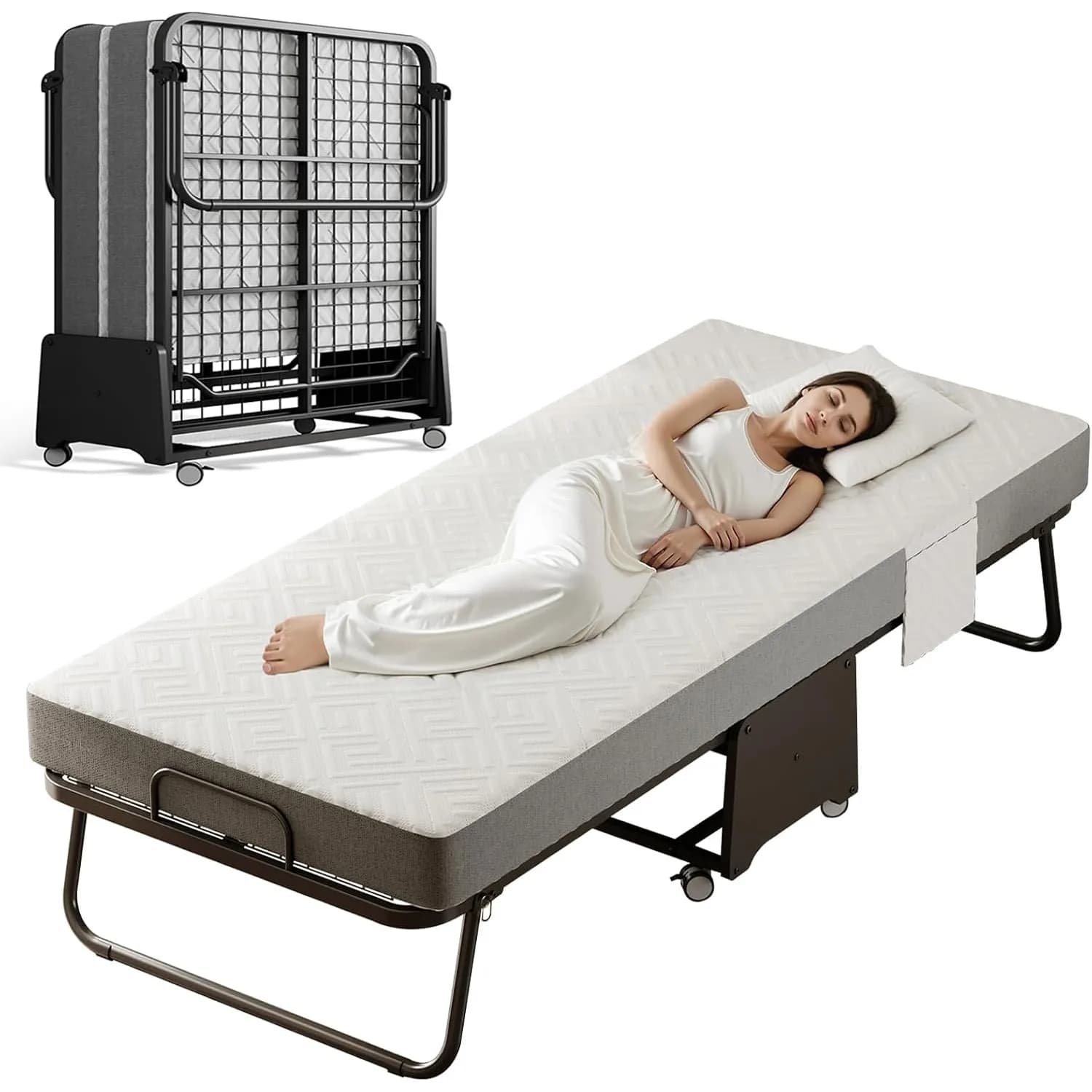 Deluxe Folding Bed with Mattress with 5-inch Memory Foam Mattress on Rollers for Easy Storage with Metal Frame, Customized
