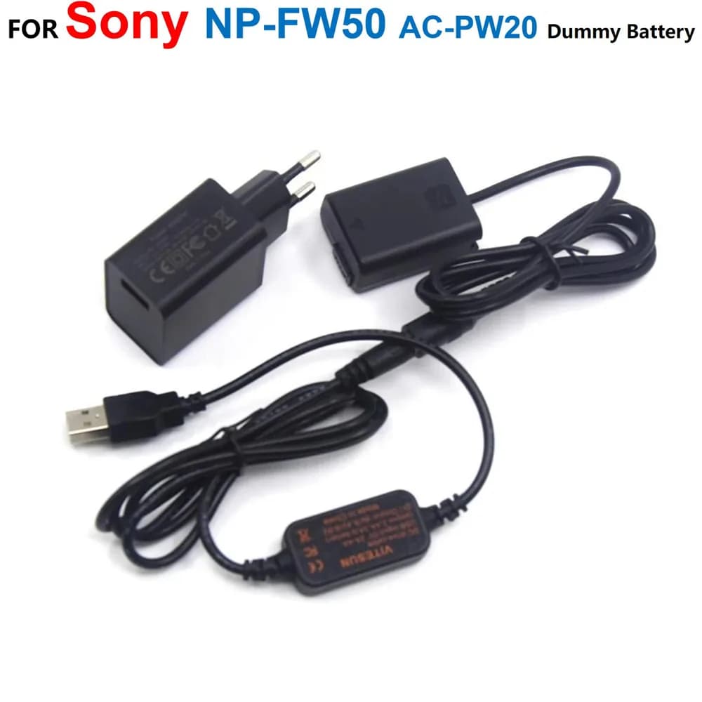 NP-FW50 AC-PW20 Batteria finta + Adattatore per caricabatterie Power Bank + Cavo USB per Sony A7S2 A7S II A7R A7RII a7m2 A6300 A6500 A7000 ZV-E10