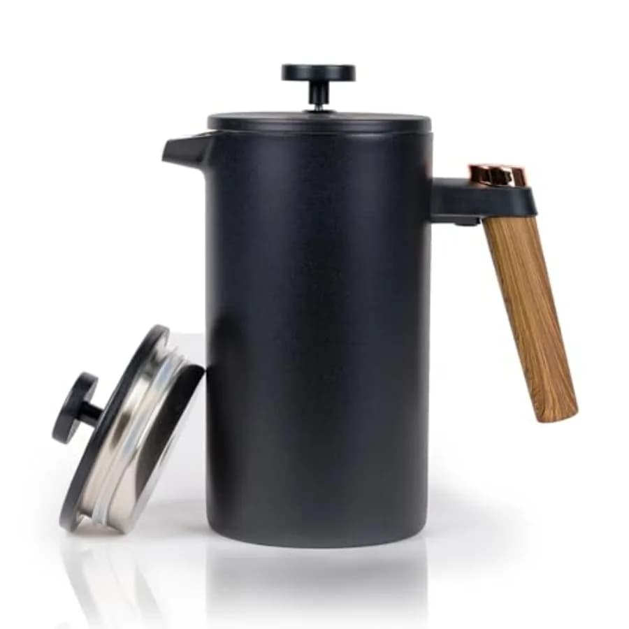 Caffettiera a Stantuffo in Acciaio Inox a Doppia Parete con Design Isolante per Mantenere il Calore, Finitura Nera Elegante e Resistente