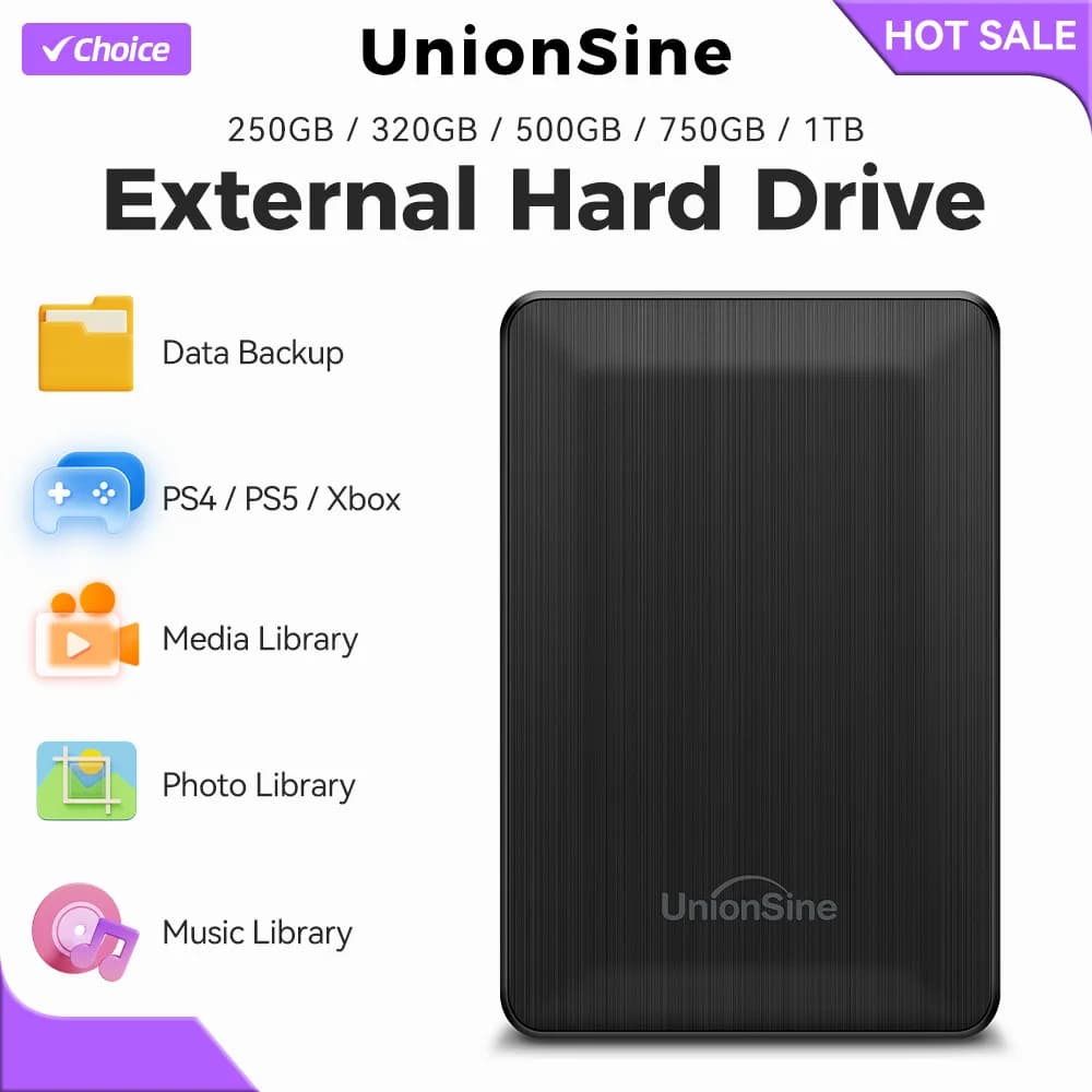 UnionSine HDD Disco rigido esterno portatile da 2,5" 250 GB/320 GB/500 GB/1 TB Archiviazione USB 3.0 compatibile per PC, Mac, PS4, desktop, MacBook