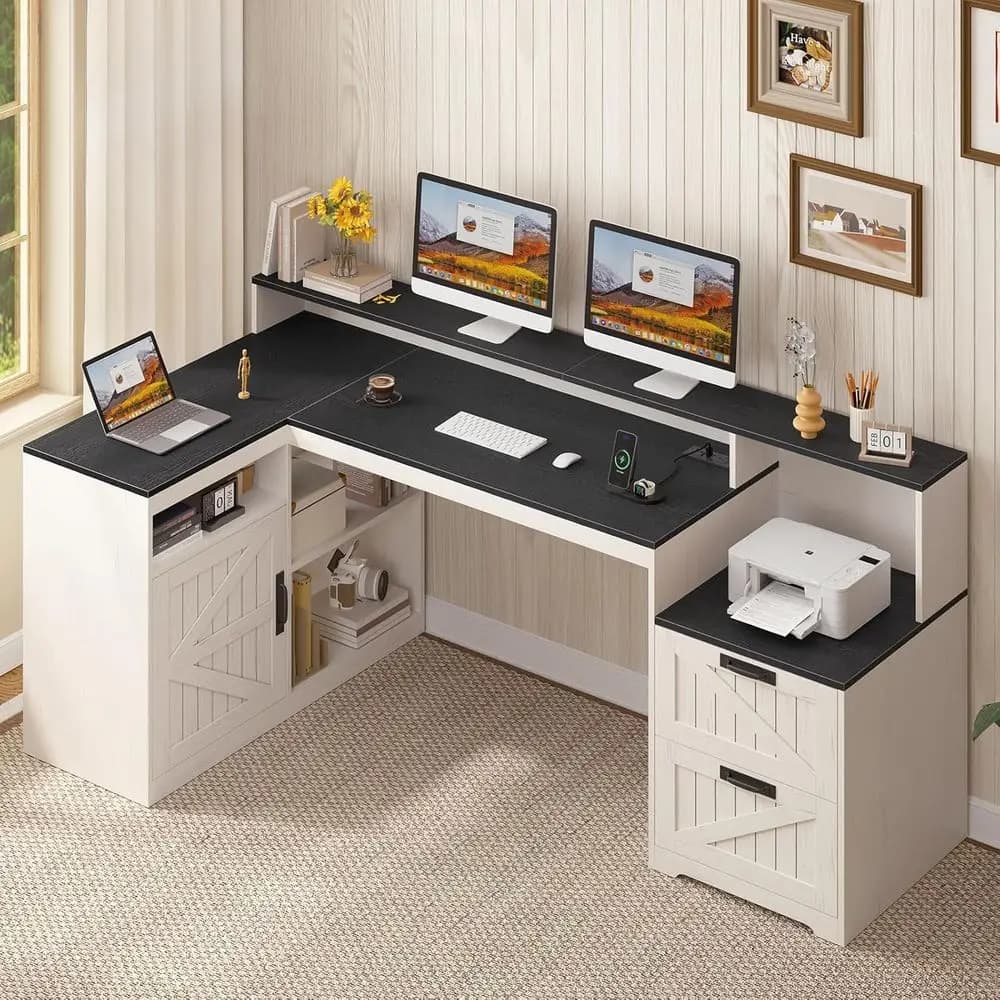 L desk with drawers, office desk 62.2 with container and socket, computer desk with monitor support and printer shelf