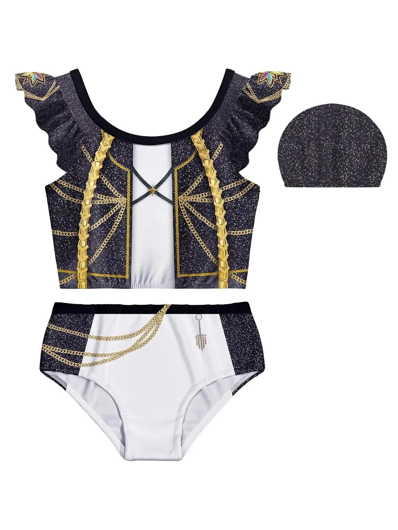 Kids Girls 3 Piece Swimwear Set Sparkle Chain Pattern Ruffle Shoulder Tank Top Briefs Bath Cap For Swimming Training Water Sport