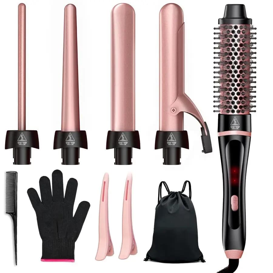 2 in 1 with 4 Interchangeable Ceramic Cylinders from 0.35-1,25 Inch, Quick Heating, Double Voltage, Travel Hair Tools